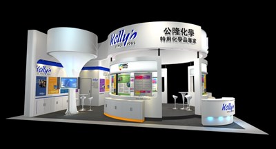 70平米展臺設(shè)計制作：三面開口/現(xiàn)代/木質(zhì)結(jié)構(gòu)/白色，為化工展展商而作（免費使用）