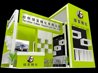 36平米展臺(tái)設(shè)計(jì)制作：三面開(kāi)口/現(xiàn)代/木質(zhì)結(jié)構(gòu)/綠色，為化工展展商而作（免費(fèi)使用）
