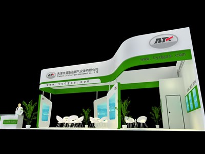 72平米展臺(tái)設(shè)計(jì)制作：三面開口/現(xiàn)代/木質(zhì)結(jié)構(gòu)/綠色，為化工展展商而作（免費(fèi)使用）