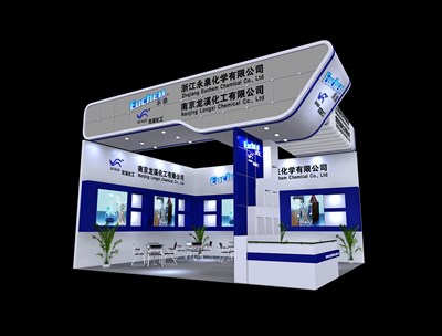 42平米展臺設(shè)計制作：二面開口/現(xiàn)代/木質(zhì)結(jié)構(gòu)/藍(lán)色，為化工展展商而作（免費(fèi)使用）