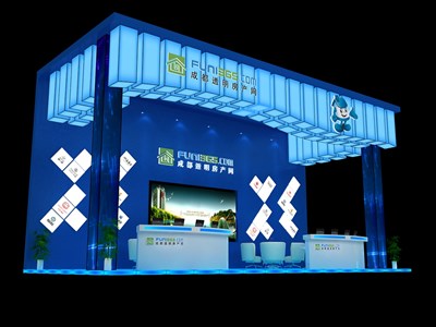 40平米展臺(tái)設(shè)計(jì)制作：三面開口/現(xiàn)代/型材結(jié)構(gòu)/藍(lán)色，為房產(chǎn)展展商而作（免費(fèi)使用）