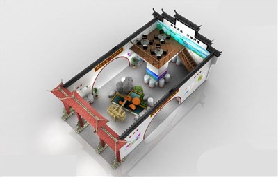 91平米展臺(tái)設(shè)計(jì)制作：三面開口/中式/雙層結(jié)構(gòu)/彩色，為綜合展展商而作（免費(fèi)使用）