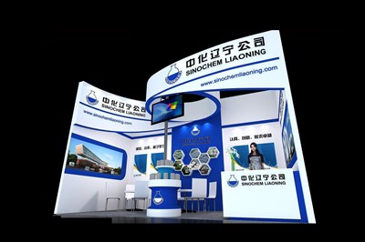 18平米展臺設(shè)計制作：二面開口/現(xiàn)代/型材結(jié)構(gòu)/藍(lán)色，為化工展展商而作（免費使用）