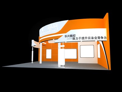 120平米展臺(tái)設(shè)計(jì)制作：二面開口/現(xiàn)代/型材結(jié)構(gòu)/橙色，為電子展展商而作（免費(fèi)使用）