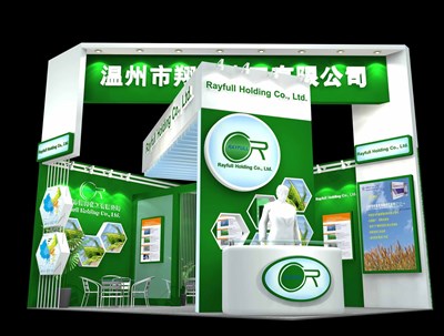 27平米展臺(tái)設(shè)計(jì)制作：二面開口/現(xiàn)代/木質(zhì)結(jié)構(gòu)/綠色，為化工展展商而作（免費(fèi)使用）