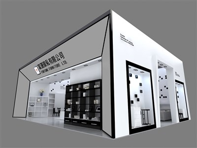 80平米展臺設計制作：二面開口/現(xiàn)代/型材結(jié)構/白色，為家具展展商而作（免費使用）