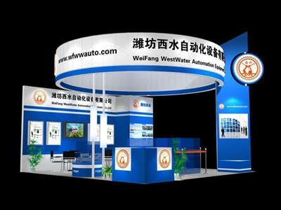 36平米展臺設(shè)計制作：三面開口/現(xiàn)代/木質(zhì)結(jié)構(gòu)/藍色，為綜合展展商而作（免費使用）