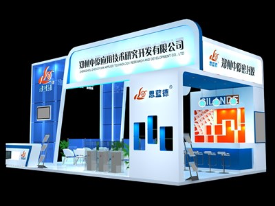 60平米展臺設(shè)計制作：四面開口/現(xiàn)代/型材結(jié)構(gòu)/藍(lán)色，為化工展展商而作（免費使用）