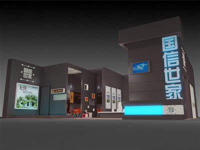 120平米展臺設(shè)計制作：二面開口/現(xiàn)代/木質(zhì)結(jié)構(gòu)/黑色，為房產(chǎn)展展商而作（免費使用）