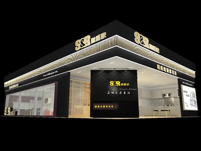 203.5平米展臺設(shè)計制作：三面開口/現(xiàn)代/型材結(jié)構(gòu)/黑色，為家具展展商而作（免費(fèi)使用）