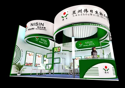 52.5平米展臺(tái)設(shè)計(jì)制作：二面開口/現(xiàn)代/木質(zhì)結(jié)構(gòu)/綠色，為化工展展商而作（免費(fèi)使用）
