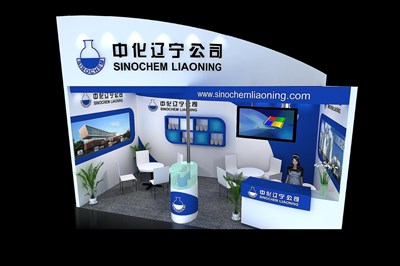 18平米展臺設(shè)計制作：一面開口/現(xiàn)代/木質(zhì)結(jié)構(gòu)/藍(lán)色，為化工展展商而作（免費(fèi)使用）