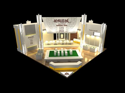 64平米展臺設(shè)計制作：二面開口/現(xiàn)代/木質(zhì)結(jié)構(gòu)/白色，為房產(chǎn)展展商而作（免費使用）
