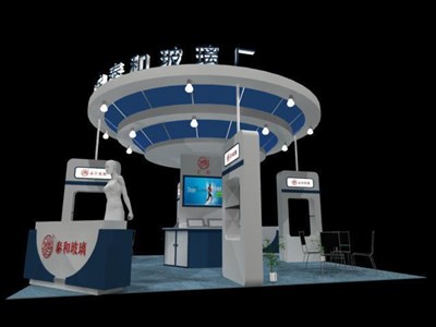 36平米展臺設(shè)計(jì)制作：四面開口/現(xiàn)代/木質(zhì)結(jié)構(gòu)/藍(lán)色，為綜合展展商而作（免費(fèi)使用）