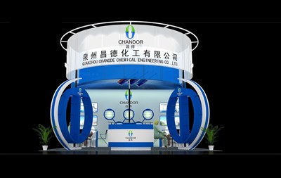 36平米展臺設(shè)計制作：三面開口/現(xiàn)代/木質(zhì)結(jié)構(gòu)/藍色，為化工展展商而作（免費使用）