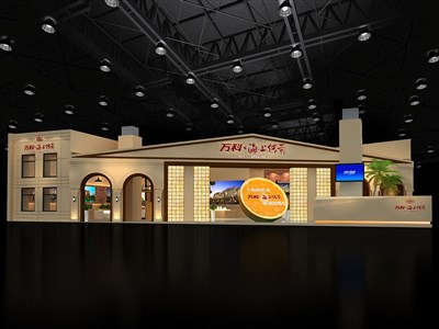 360平米展臺設(shè)計制作：一面開口/中式/木質(zhì)結(jié)構(gòu)/黃色，為房產(chǎn)展展商而作（免費使用）
