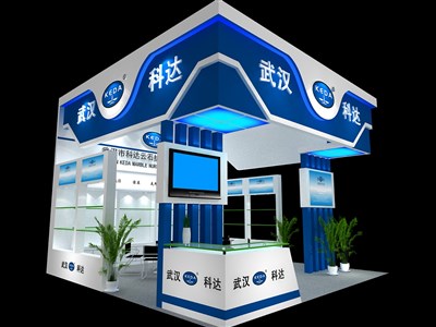 64平米展臺設(shè)計制作：三面開口/現(xiàn)代/木質(zhì)結(jié)構(gòu)/藍(lán)色，為化工展展商而作（免費(fèi)使用）