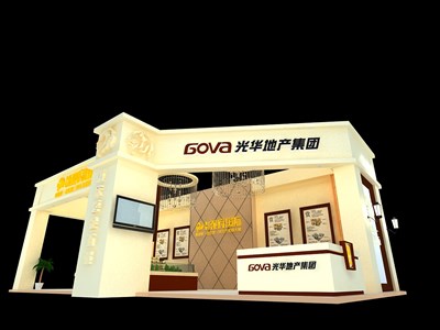 108平米展臺設(shè)計制作：三面開口/現(xiàn)代/木質(zhì)結(jié)構(gòu)/米色，為房產(chǎn)展展商而作（免費使用）