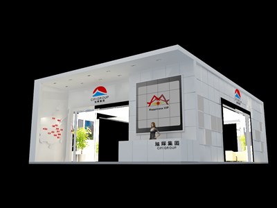 64平米展臺設計制作：四面開口/中式/型材結構/白色，為房產(chǎn)展展商而作（免費使用）