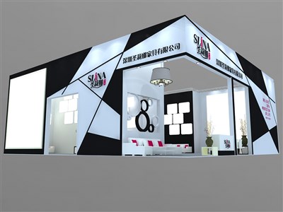 100平米展臺設計制作：二面開口/前衛(wèi)/型材結構/黑色，為家具展展商而作（免費使用）