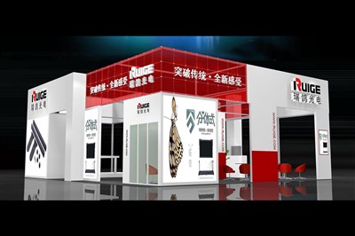 110平米展臺設計制作：四面開口/現(xiàn)代/木質(zhì)結構/紅色，為電子展展商而作（免費使用）