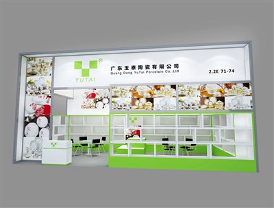36平米展臺設(shè)計(jì)制作：二面開口/現(xiàn)代/木質(zhì)結(jié)構(gòu)/綠色，為日用品展展商而作（免費(fèi)使用）