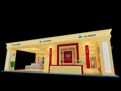 72平米展臺設計制作：四面開口/歐式/型材結構/米色，為房產展展商而作（免費使用）