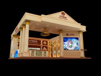 99平米展臺設(shè)計制作：二面開口/歐式/木質(zhì)結(jié)構(gòu)/咖啡色，為房產(chǎn)展展商而作（免費使用）