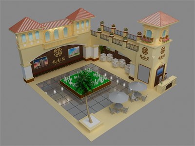 121平米展臺設(shè)計制作：二面開口/歐式/木質(zhì)結(jié)構(gòu)/米色，為房產(chǎn)展展商而作（免費使用）