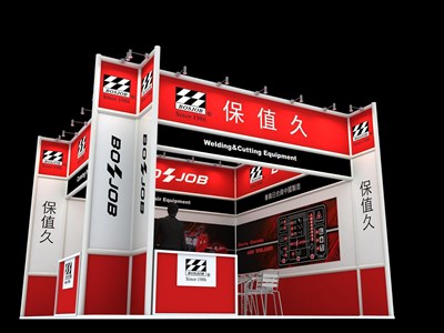 36平米展臺設計制作：二面開口/現(xiàn)代/型材結(jié)構(gòu)/紅色，為建材展展商而作（免費使用）