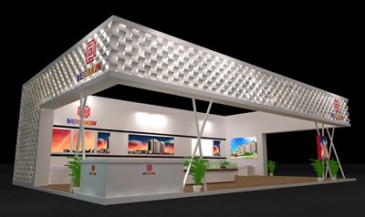 96平米展臺設(shè)計制作：三面開口/前衛(wèi)/木質(zhì)結(jié)構(gòu)/白色，為房產(chǎn)展展商而作（免費使用）