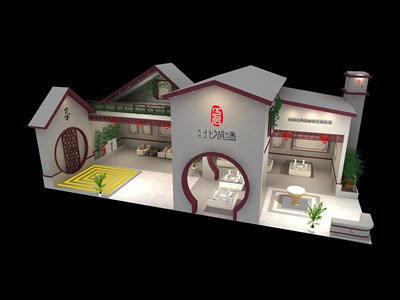 180平米展臺設(shè)計制作：三面開口/中式/木質(zhì)結(jié)構(gòu)/咖啡色，為房產(chǎn)展展商而作（免費使用）
