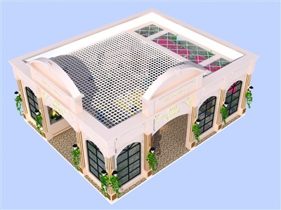 100平米展臺設計制作：二面開口/歐式/型材結構/米色，為房產展展商而作（免費使用）