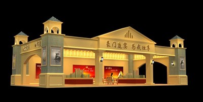 90平米展臺設(shè)計制作：三面開口/歐式/木質(zhì)結(jié)構(gòu)/米色，為房產(chǎn)展展商而作（免費使用）