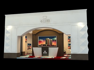 72平米展臺設計制作：二面開口/歐式/木質(zhì)結構/灰色，為房產(chǎn)展展商而作（免費使用）