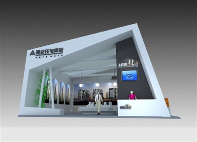 49平米展臺設(shè)計制作：二面開口/前衛(wèi)/木質(zhì)結(jié)構(gòu)/灰色，為房產(chǎn)展展商而作（免費使用）