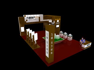 56平米展臺設(shè)計制作：四面開口/現(xiàn)代/木質(zhì)結(jié)構(gòu)/咖啡色，為房產(chǎn)展展商而作（免費使用）