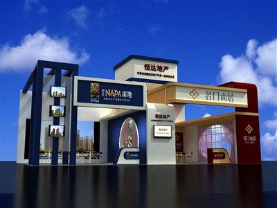 78平米展臺(tái)設(shè)計(jì)制作：二面開(kāi)口/歐式/木質(zhì)結(jié)構(gòu)/彩色，為房產(chǎn)展展商而作（免費(fèi)使用）