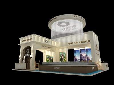 190平米展臺設計制作：四面開口/歐式/木質結構/米色，為房產(chǎn)展展商而作（免費使用）
