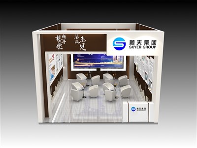 48平米展臺設(shè)計(jì)制作：一面開口/現(xiàn)代/型材結(jié)構(gòu)/彩色，為房產(chǎn)展展商而作（免費(fèi)使用）