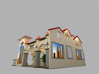 90平米展臺(tái)設(shè)計(jì)制作：三面開(kāi)口/歐式/木質(zhì)結(jié)構(gòu)/米色，為房產(chǎn)展展商而作（免費(fèi)使用）