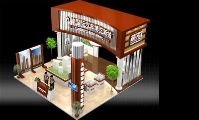 72平米展臺設(shè)計制作：四面開口/現(xiàn)代/型材結(jié)構(gòu)/咖啡色，為房產(chǎn)展展商而作（免費(fèi)使用）