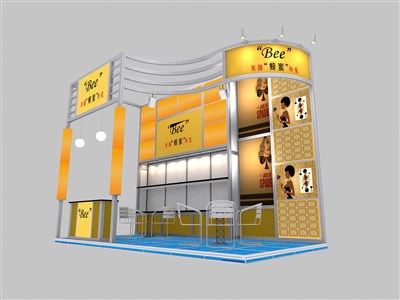 18平米展臺(tái)設(shè)計(jì)制作：三面開口/現(xiàn)代/型材結(jié)構(gòu)/黃色，為玩具展展商而作（免費(fèi)使用）