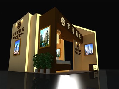 90平米展臺(tái)設(shè)計(jì)制作：二面開(kāi)口/前衛(wèi)/木質(zhì)結(jié)構(gòu)/米色，為房產(chǎn)展展商而作（免費(fèi)使用）