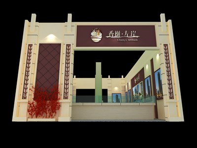 42平米展臺設(shè)計制作：二面開口/歐式/木質(zhì)結(jié)構(gòu)/米色，為房產(chǎn)展展商而作（免費使用）