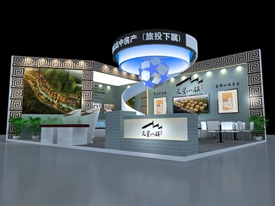 66平米展臺設(shè)計制作：二面開口/中式/木質(zhì)結(jié)構(gòu)/灰色，為房產(chǎn)展展商而作（免費使用）