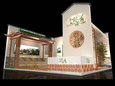 64平米展臺(tái)設(shè)計(jì)制作：二面開口/田園/木質(zhì)結(jié)構(gòu)/咖啡色，為房產(chǎn)展展商而作（免費(fèi)使用）