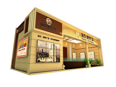 40平米展臺設計制作：一面開口/歐式/木質結構/米色，為房產展展商而作（免費使用）