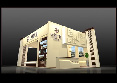 60平米展臺(tái)設(shè)計(jì)制作：三面開(kāi)口/歐式/木質(zhì)結(jié)構(gòu)/米色，為房產(chǎn)展展商而作（免費(fèi)使用）