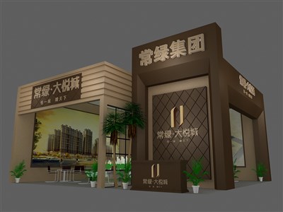 90平米展臺(tái)設(shè)計(jì)制作：二面開(kāi)口/前衛(wèi)/木質(zhì)結(jié)構(gòu)/咖啡色，為房產(chǎn)展展商而作（免費(fèi)使用）